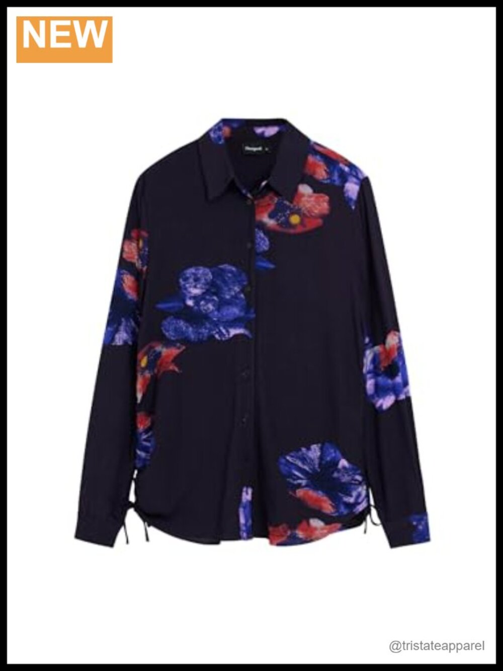 Viscose Floral Button-Down Shirt Long Sleeve Adjustable Side Ruching